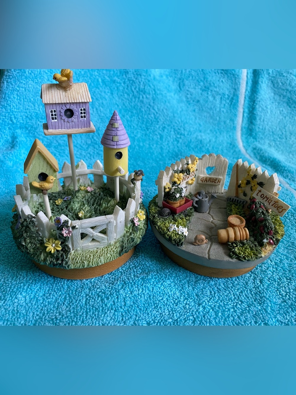 Lot of (2) Garden Candle Toppers Birdhouses Fence Flowers Signs Birds Walkway